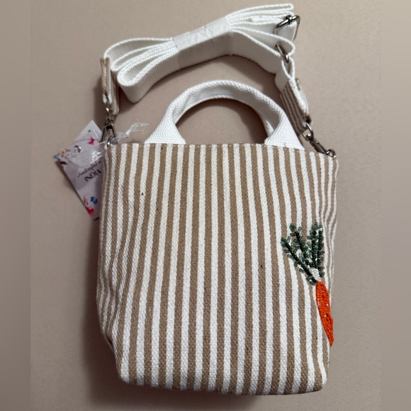 Handcrafted in India Beaded Bag Canvas Tote Vegetables w/ Tan & White Stripes - Picture 2 of 9
